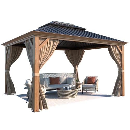 Erommy 10' x 12' Outdoor Hardtop Gazebo with Galvanized Steel Double Roof & Aluminum Frame, Outdoor pergola with Premium Curtains and Nettings - Wood