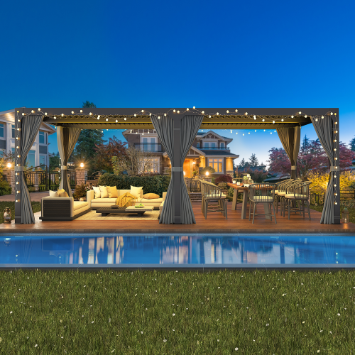 Erommy 12' x 20' Outdoor Louvered Pergola, Outdoor Patio Hardtop Gazebo, Adjustable Metal Roof Curtains and Netting Included - Black