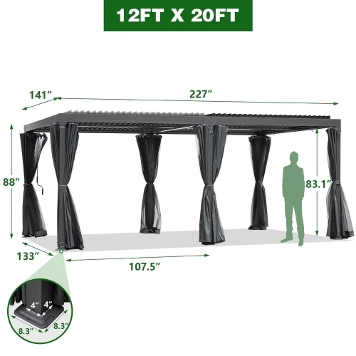 Erommy 12' x 20' Outdoor Louvered Pergola, Outdoor Patio Hardtop Gazebo, Adjustable Metal Roof Curtains and Netting Included - Black