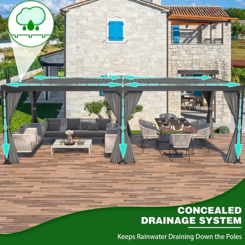 Erommy 12' x 20' Outdoor Louvered Pergola, Outdoor Patio Hardtop Gazebo, Adjustable Metal Roof Curtains and Netting Included - Black