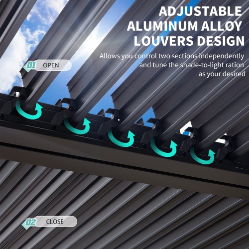 Erommy 12' x 20' Outdoor Louvered Pergola, Outdoor Patio Hardtop Gazebo, Adjustable Metal Roof Curtains and Netting Included - Black