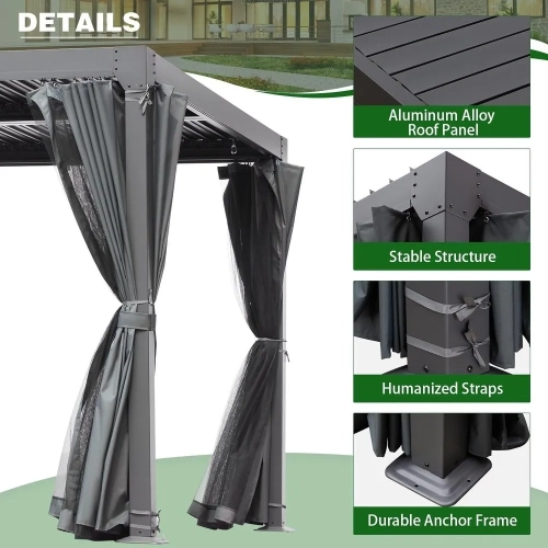 Erommy 12' x 20' Outdoor Louvered Pergola, Outdoor Patio Hardtop Gazebo, Adjustable Metal Roof Curtains and Netting Included - Black