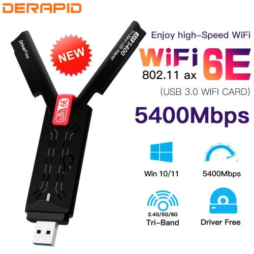 WiFi6E AX5400 USB 3.0 Wireless Adapter | 2.4GHz/5GHz/6GHz Wi-Fi Booster | High Gain Antenna for PC/Laptop | Win10/11 Driver Free