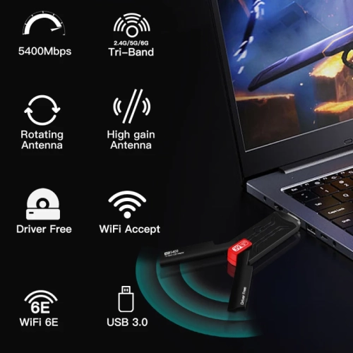 WiFi6E AX5400 USB 3.0 Wireless Adapter | 2.4GHz/5GHz/6GHz Wi-Fi Booster | High Gain Antenna for PC/Laptop | Win10/11 Driver Free