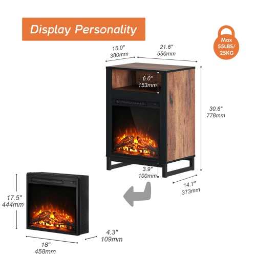 WAMPAT Electric Fireplace Insert 18'' Freestanding Heater, RV Fire Place Storage Cabinet for TV Stand, Small Electric Stove Stand for Living Room,