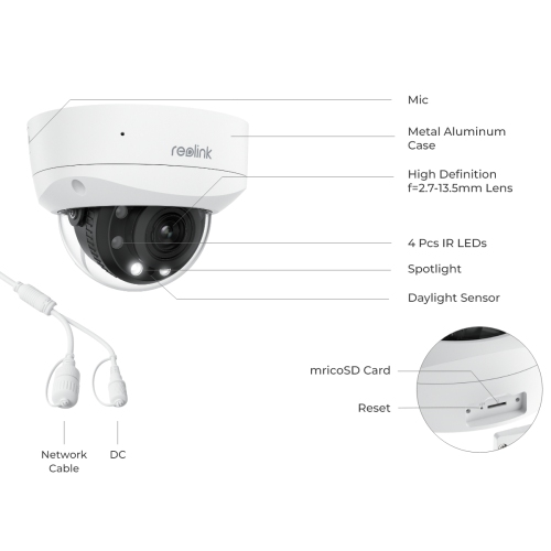 Reolink Smart 4K 8MP PoE Camera with IK10 Vandal-Proof Rating, 5X Optical Zoom, Color Night Vision, RLC-843A