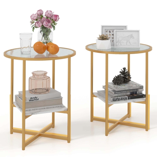 Image 1 de 10.. Table d'extrémité ronde en verre à 2 niveaux de 20 po avec tablette de rangement en faux marbre 2pcs de Costway
