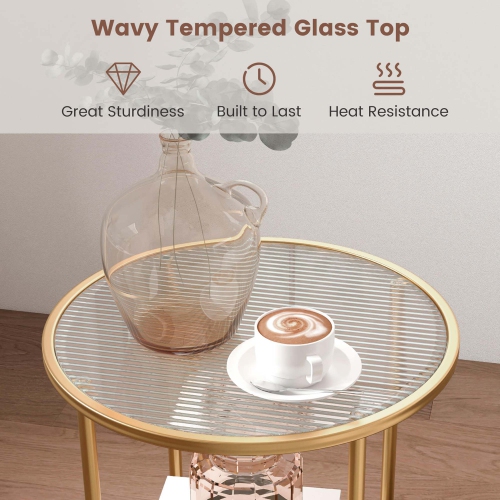 Costway 2PCS Glass End Table 2-Tier 20" Round Side Table with Faux Marble Storage Shelf