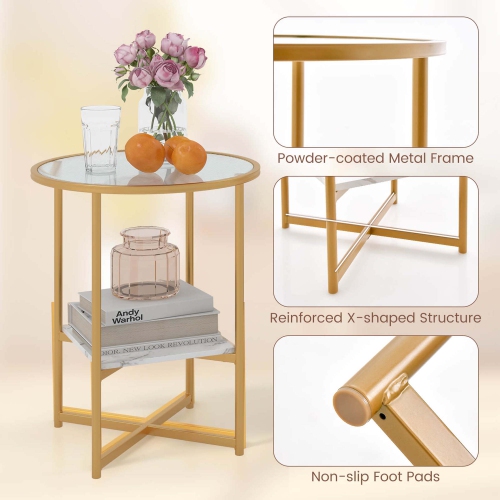 Costway 2PCS Glass End Table 2-Tier 20" Round Side Table with Faux Marble Storage Shelf