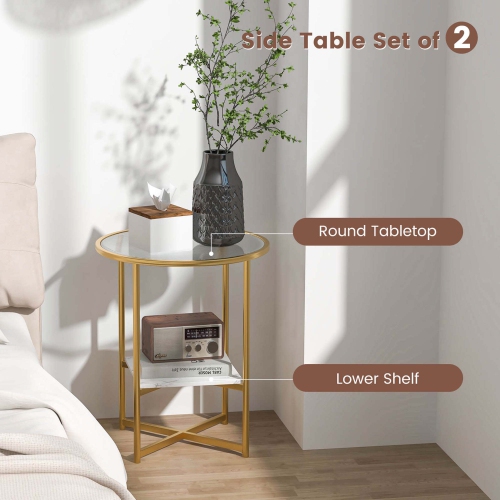 Costway 2PCS Glass End Table 2-Tier 20" Round Side Table with Faux Marble Storage Shelf