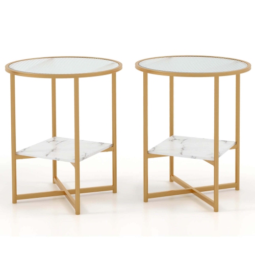 Costway 2PCS Glass End Table 2-Tier 20" Round Side Table with Faux Marble Storage Shelf