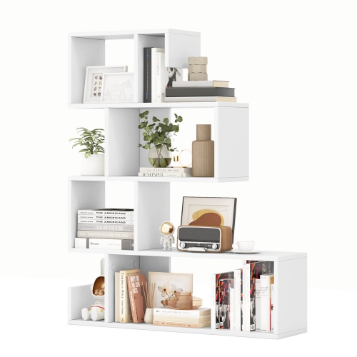 COSTWAY  1 PCs S-Shaped Bookshelf Freestanding Stepped Etagere Bookcase With Anti-Tipping Kits In White