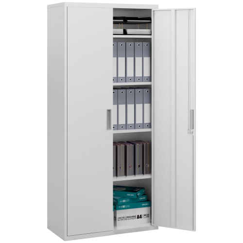 Image 1 of 9.. HOMCOM 71" Metal Storage Cabinet with 2 Doors, Lockable Garage Cabinet with 4 Adjustable Shelves, Tall Cabinet for Home Office, Study, Garage, White