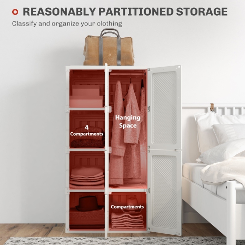 HOMCOM Portable Wardrobe Closet Cabinet Foldable Plastic Clothes Storage Organzier for Bedroom with 5 Cube Compartments & 1 Hanging Rods Magnet Doors