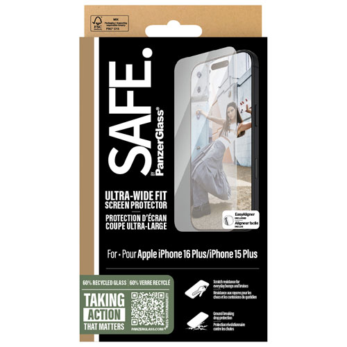 Protecteur d'écran en verre ultralarge SAFE de PanzerGlass pour iPhone 16 Plus