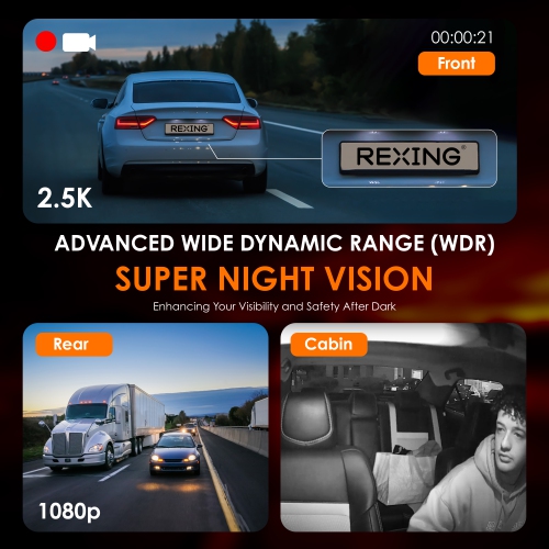 Rexing RH2 Triple Channel Dash Cam 2.5K Front and Dual 1080p Rear Cameras with Wi-Fi, and Optional GPS
