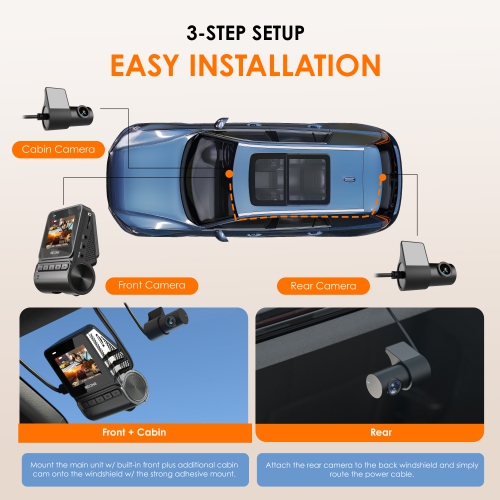 Rexing RH2 Triple Channel Dash Cam 2.5K Front and Dual 1080p Rear Cameras with Wi-Fi, and Optional GPS