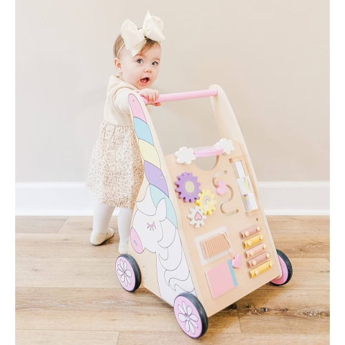 HOPSCOTCH SQUAD  Sit-To-Stand Learning Walker Unicorn Themed Interactive Wooden Push & Pull Baby Walker \w Multiple Activities to Develop Motor Skills