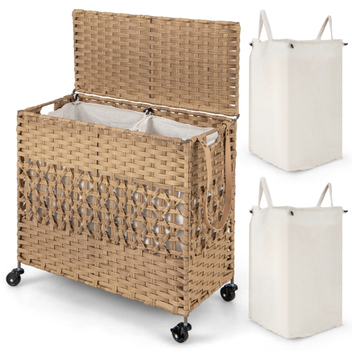 COSTWAY  110L Laundry Hamper With Wheels Clothes Basket Lid & Handle & 2 Liner Bags
