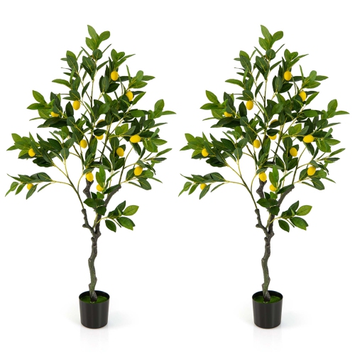 Costway 2 PCS 4 FT Tall Artificial Lemon Tree with Lemon Fruits, Cement Pot for Porch, Office