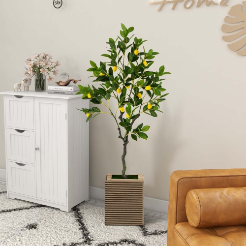 Costway 2 PCS 4 FT Tall Artificial Lemon Tree with Lemon Fruits, Cement Pot for Porch, Office