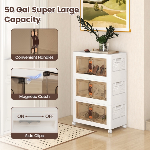 Costway 50 Gallons Stackable Storage Bins with Lockable Wheels 3 Pack Folding PP Home Organizer