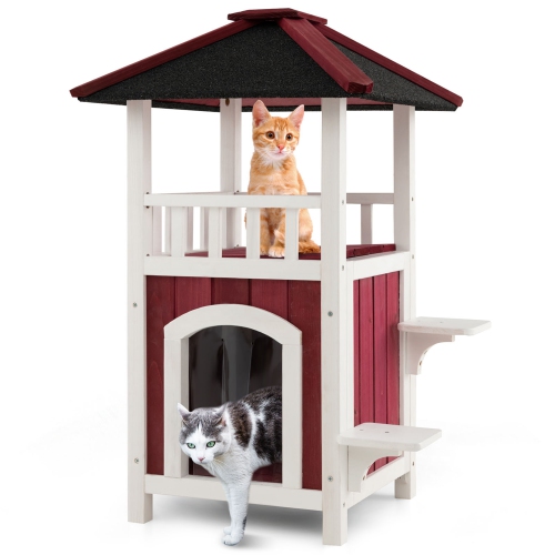Costway Outdoor Cat House 2-Story Wooden Cat Shelter with Asphalt Roof Removable Floor