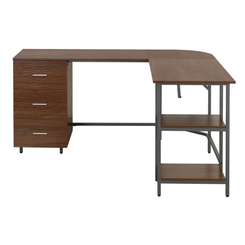 Techni Mobili L-Shape Home Office Two Tone Desk with Storage in Walnut