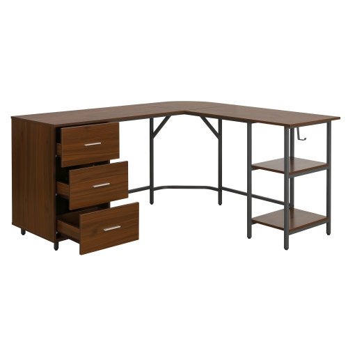 Techni Mobili L-Shape Home Office Two Tone Desk with Storage in Walnut