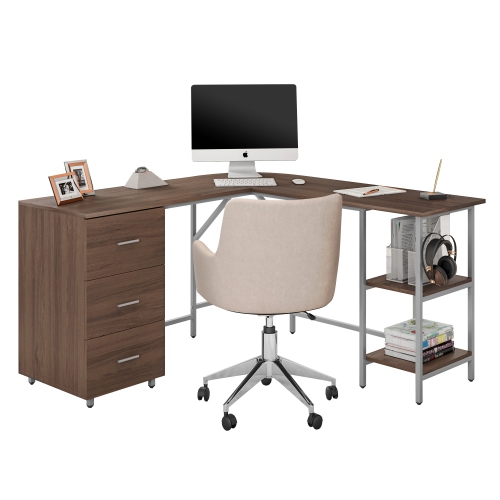 Techni Mobili L-Shape Home Office Two Tone Desk with Storage in Walnut