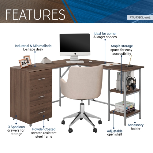 Techni Mobili L-Shape Home Office Two Tone Desk with Storage in Walnut