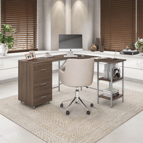 Techni Mobili L-Shape Home Office Two Tone Desk with Storage in Walnut