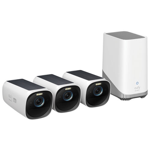 Boîte ouverte - caméra de surveillance extérieure sans fil Ultra HD 4K eufyCam 3 d'eufy avec panneau solaire - Ensemble de 3