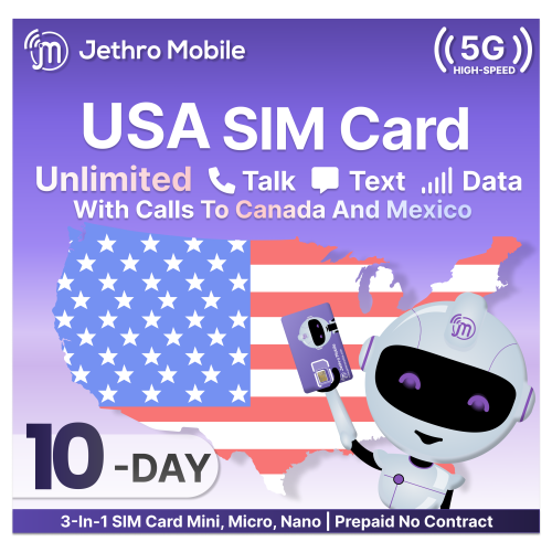 JETHRO MOBILE  Prepaid Usa Travel Sim Card, 4G Lte High-Speed Data, Unlimited Talk And Text, No Contract, 15 Days