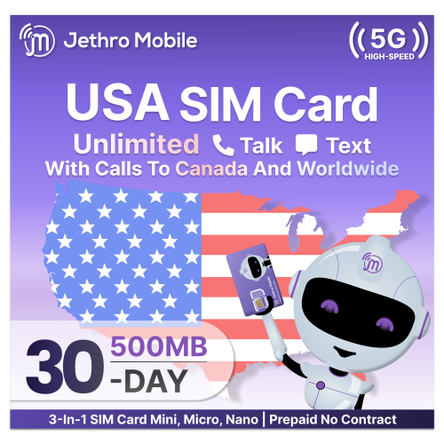 Jethro Mobile Prepaid USA Travel SIM card, 4G LTE High-Speed Data, Unlimited Talk and Text, No Contract, 1-Month