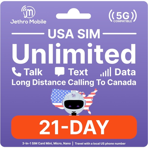 Jethro Mobile Prepaid USA Travel SIM card, 4G LTE High-Speed Data, Unlimited Talk and Text, No Contract, 21 Days