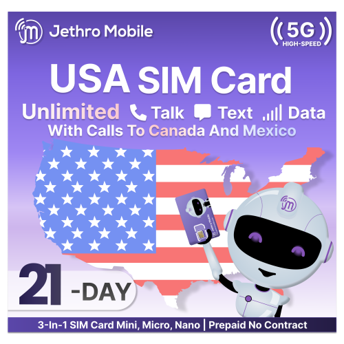 JETHRO MOBILE  Prepaid Usa Travel Sim Card, 4G Lte High-Speed Data, Unlimited Talk And Text, No Contract, 21 Days
