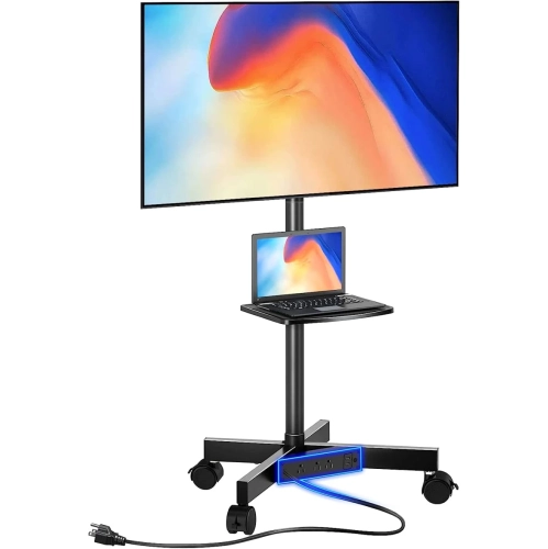 Chariot pour téléviseur mobile avec prise de courant, meuble à roulettes pour téléviseur plat et incurvé de 23-60 po, hauteur réglable, tablette AV,