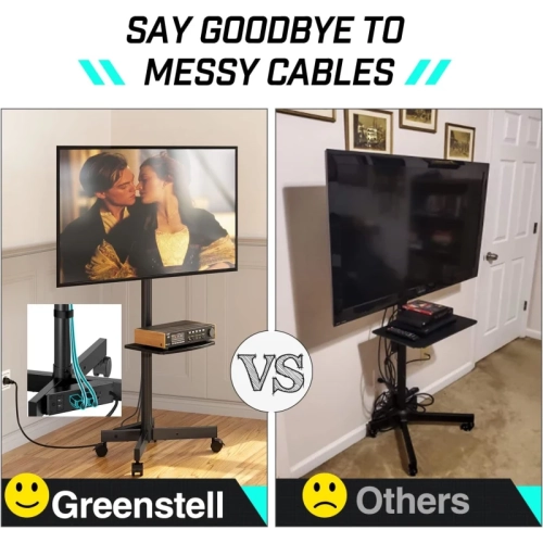 Chariot pour téléviseur mobile avec prise de courant, meuble à roulettes pour téléviseur plat et incurvé de 23-60 po, hauteur réglable, tablette AV,