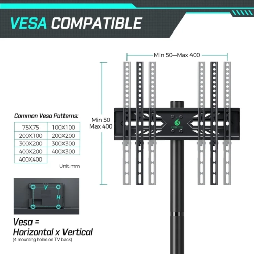 Chariot pour téléviseur mobile avec prise de courant, meuble à roulettes pour téléviseur plat et incurvé de 23-60 po, hauteur réglable, tablette AV,