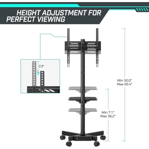 Chariot pour téléviseur mobile avec prise de courant, meuble à roulettes pour téléviseur plat et incurvé de 23-60 po, hauteur réglable, tablette AV,