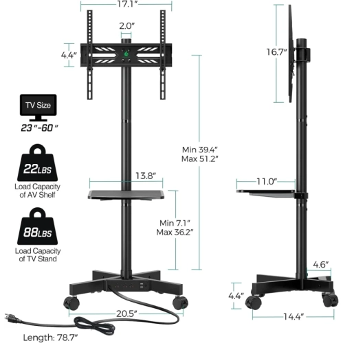 Chariot pour téléviseur mobile avec prise de courant, meuble à roulettes pour téléviseur plat et incurvé de 23-60 po, hauteur réglable, tablette AV,