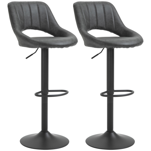 HOMCOM Counter Height Bar Stools Set of 2, Adjustable Barstools with PU Upholstered Back, Footrest, Round Base, Channel Tufted Cut-out Island Chairs