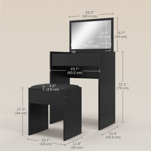 HOMCOM – Coiffeuse de maquillage avec miroir à dessus rabattable et tabouret rembourré, table à langer pour maquillage avec compartiment de rangement