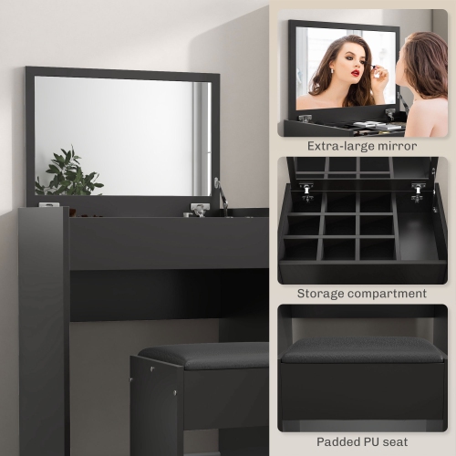 HOMCOM – Coiffeuse de maquillage avec miroir à dessus rabattable et tabouret rembourré, table à langer pour maquillage avec compartiment de rangement