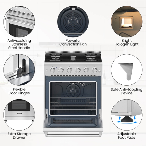 Costway 30" Natural Gas Range 120V with 5 Burners Cooktop & 4.55 Cu.Ft. Convection Oven