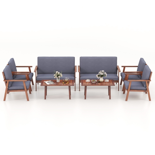 Costway 8 PCS Patio Conversation Set Acacia Wood Sofa Coffee Table with Cushioned Seat