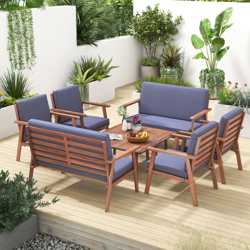 Costway 8 PCS Patio Conversation Set Acacia Wood Sofa Coffee Table with Cushioned Seat