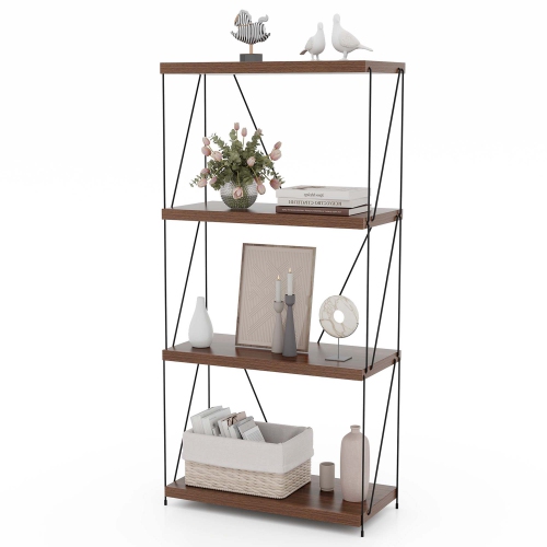 COSTWAY  1 PCs 4-Tier Multipurpose Display Rack Freestanding Bookcase With Metal Frame Walnut