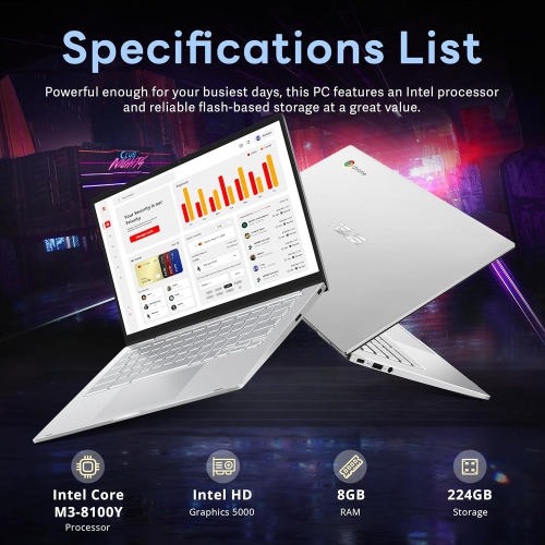 ASUS 14" FHD Chromebook Laptop, Intel M3-8100Y Processor, 224GB Storage, 8GB RAM, Intel HD Graphics, Chrome OS, Silver